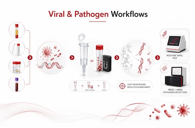 Flujos de trabajo de Magen para extracción de ácidos nucleicos virales y de patógenos, desde la preparación de muestras hasta la detección de patógenos por PCR, tNGS y mNGS